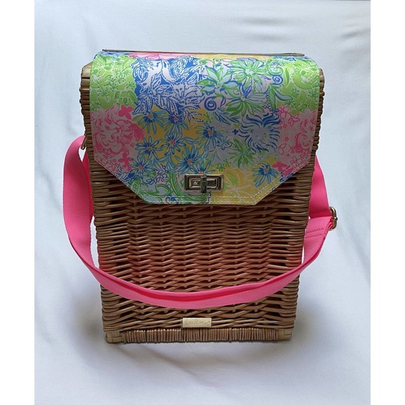 Wicker Wine Tote Lily Pulitzer Picnic Carrier Picnic Tote - Adjustable Strap EUC - Picture 2 of 16
